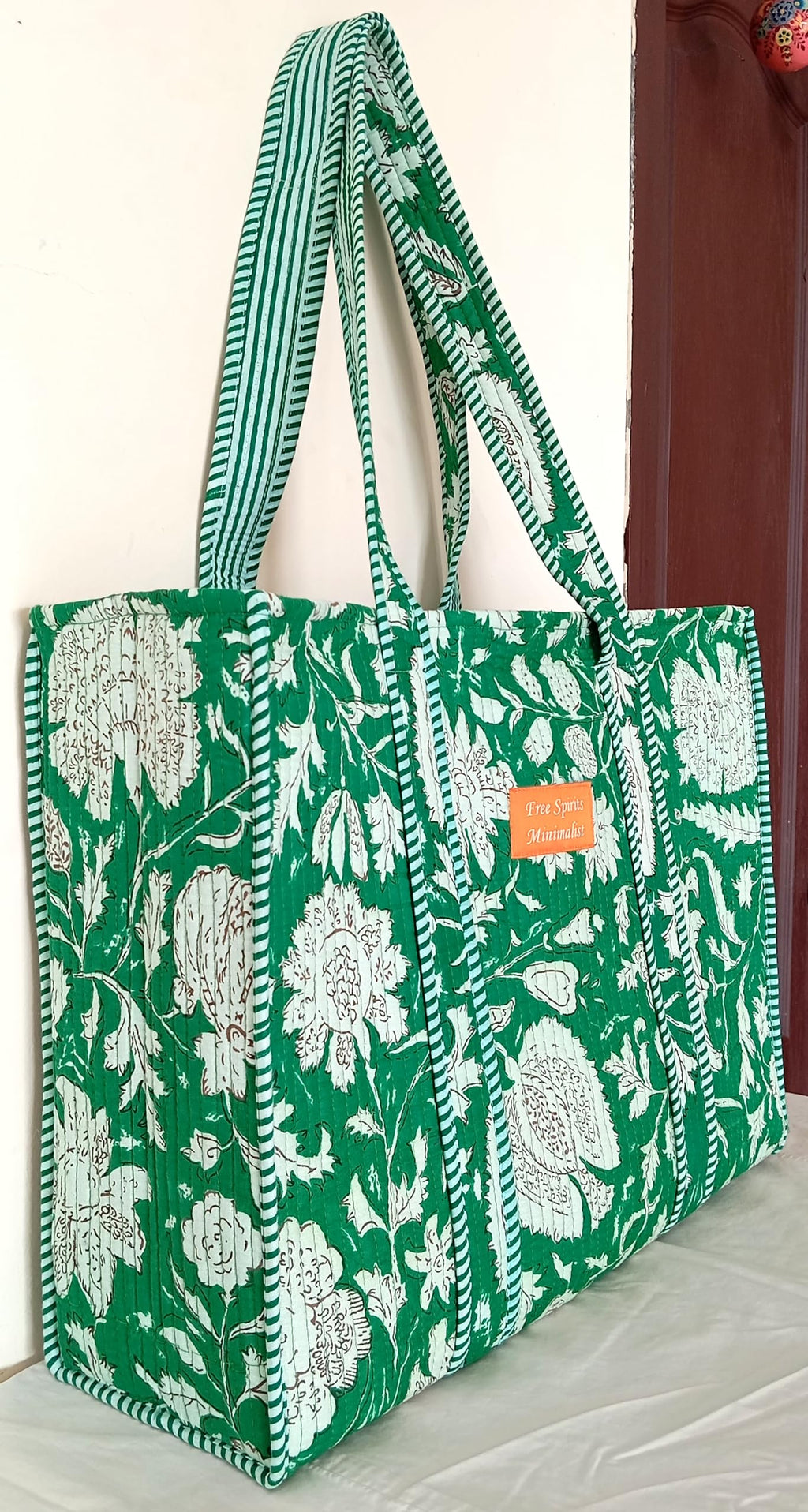 Cotton Tote bag for Women | Shoulder Bag | Reversible Bag | Durable Shopping bag | Reusable Grocery Bags | Eco friendly Bags| Handmade Cotton Bag | Stylish Quilted handBag (Dark Green)