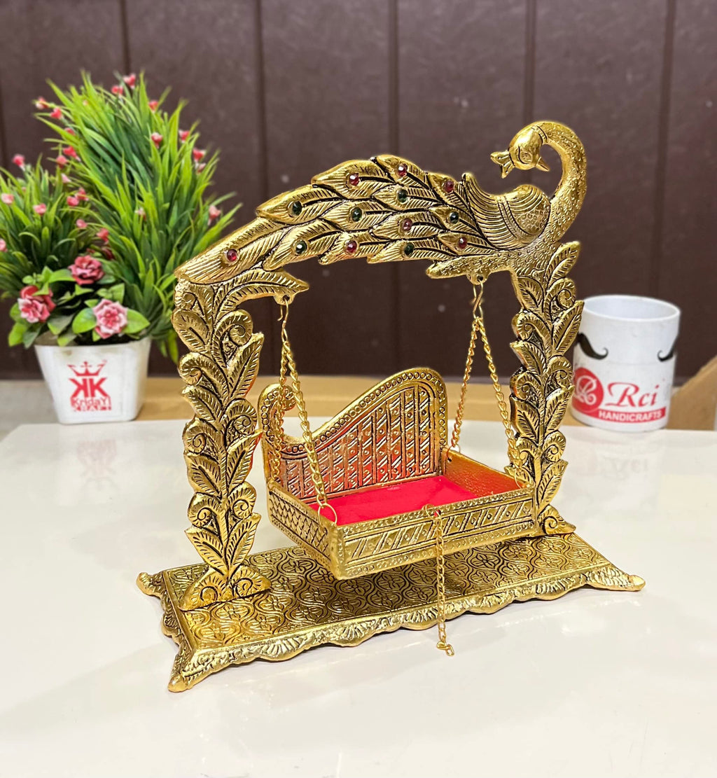 KridayKraft Metal Swing Laddu Gopal Jhula,Krishna Hindola Palana,Decorative Laddu Gopal for Temple Pooja,Showpiece Figurines,Religious Idol Gift Article