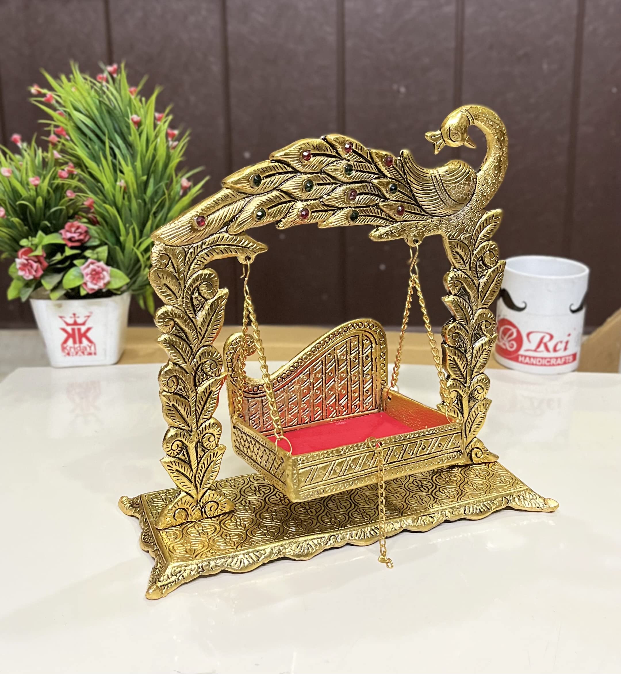 KridayKraft Metal Swing Laddu Gopal Jhula,Krishna Hindola Palana,Decorative Laddu Gopal for Temple Pooja,Showpiece Figurines,Religious Idol Gift Article