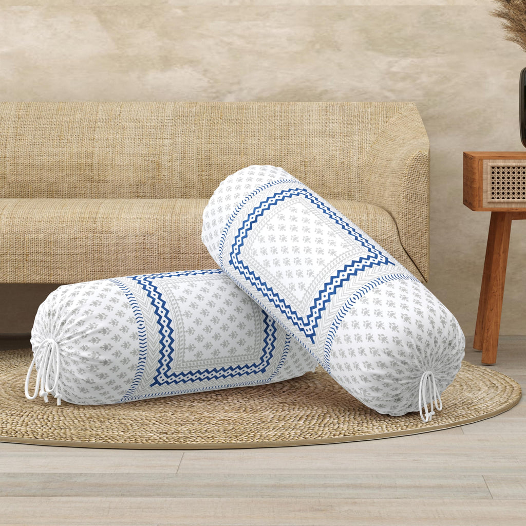 BLOCKS OF INDIA Cotton Hand Block Printed Bolster Cover | Booster Cover with Drawstring | Round Long Pillow Cover for Bed | Dewan Pillow Cover Set 16 X 32 | Set of 2 (Blue BUTI)