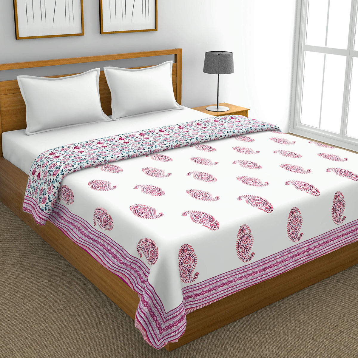 BLOCKS OF INDIA 100% Cotton Dohar King Size Reversible Hand Block Printed Malmal Summer Dohar/Blanket (Multicolor Mughal Pink) Kafalo
