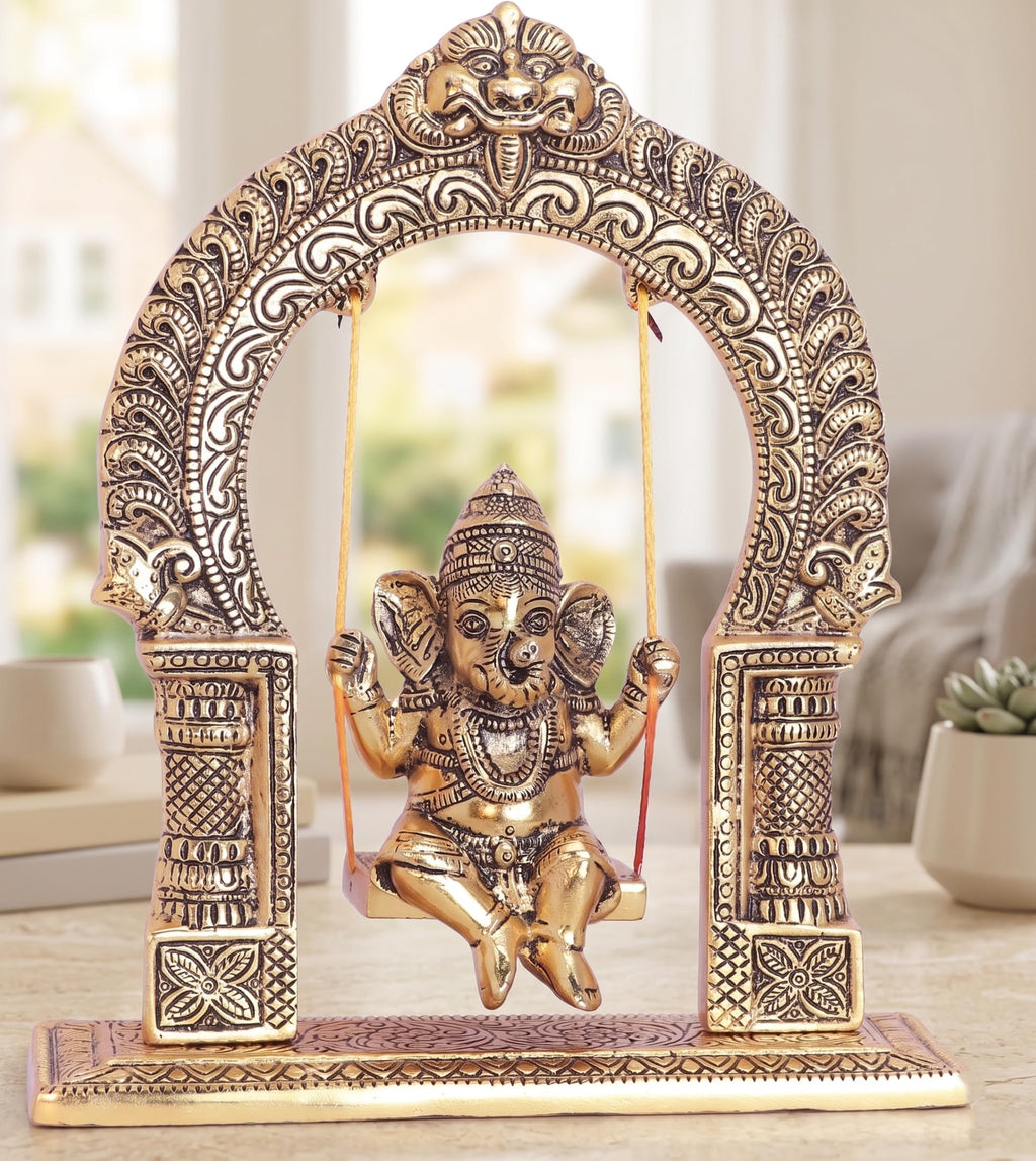 KridayKraft Ganesh ji dori jhula Idol, Ganpati Idol on Swing jhula for Temple Pooja, Ganesh Metal Statue Home, Office & Table Decorative, Religious Showpiece Figurines