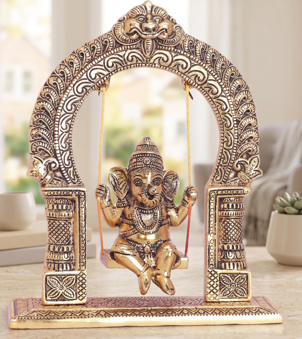 KridayKraft Ganesh ji dori jhula Idol, Ganpati Idol on Swing jhula for Temple Pooja, Ganesh Metal Statue Home, Office & Table Decorative, Religious Showpiece Figurines