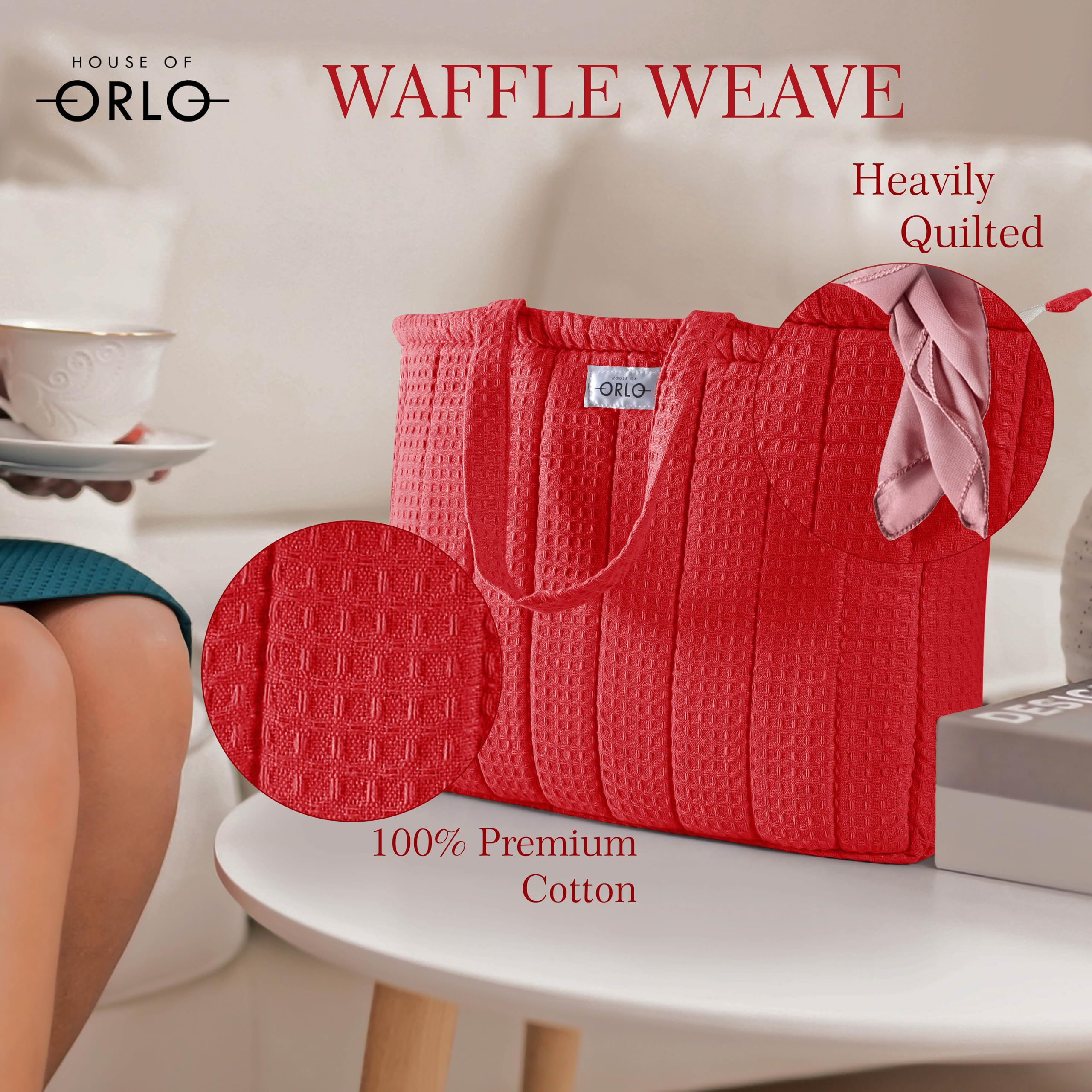 HOUSE OF ORLO Premium Cotton Waffle Quilted Tote Bag, Large Spacious Handbag for College, Office, Work, Travel, Shopping & Daily Use - Red