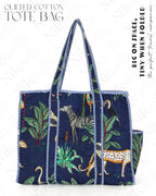 NIKAVIK Quilted Cotton Tote bag – Exotic Animal Print Foldable and Ideal for Travel Shopping Beach Trips or Daily Essentials (Blue)