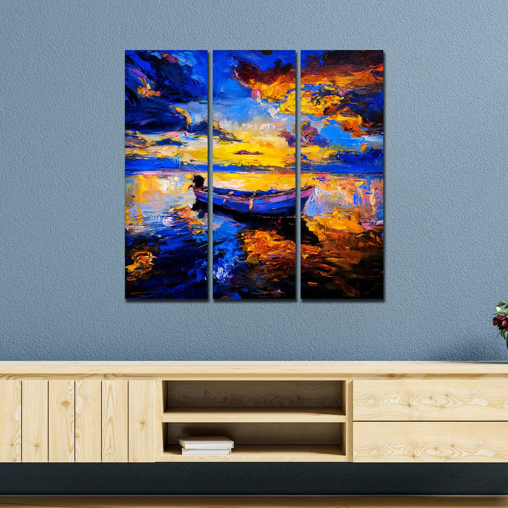 VIBECRAFTS 3 Pieces Beautiful Sunset & Boat Canvas Wall Painting Fitted With Wooden Frame For Home | Office | Living Room | Gifts (PTVC3Pcs1_9525)