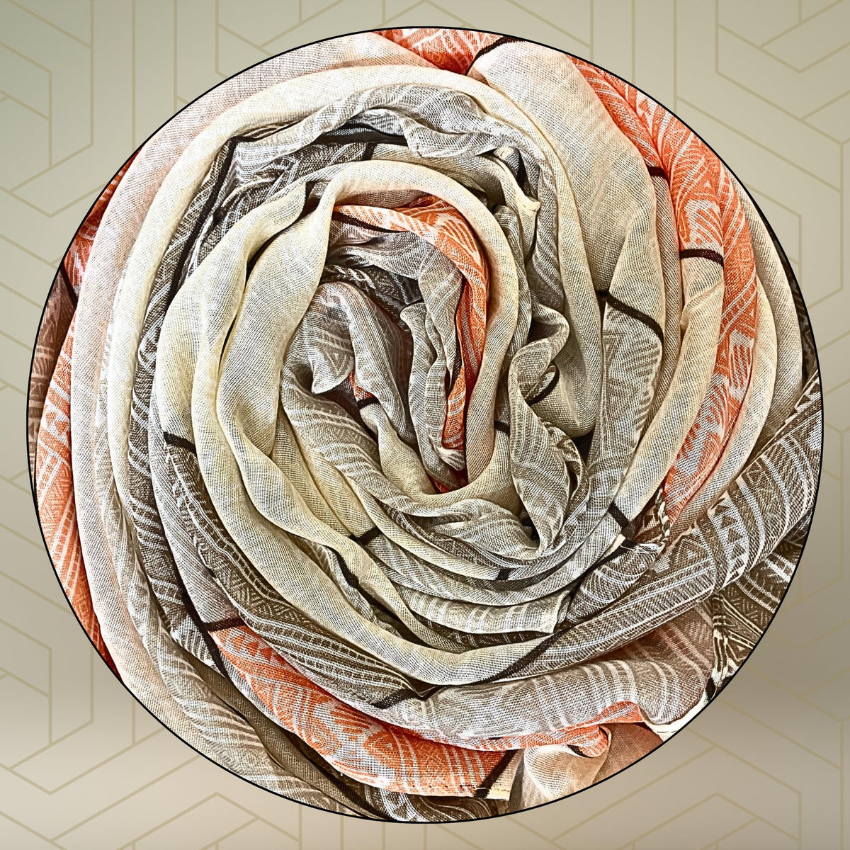 FAHABO Digital Print Mal Mal Cotton Scarf for Women – Soft, Lightweight Hijab, Head & Neck Wrap | Stylish Fashion Scarf (Bavarian Cream, Dark Tan, Orange Peel)