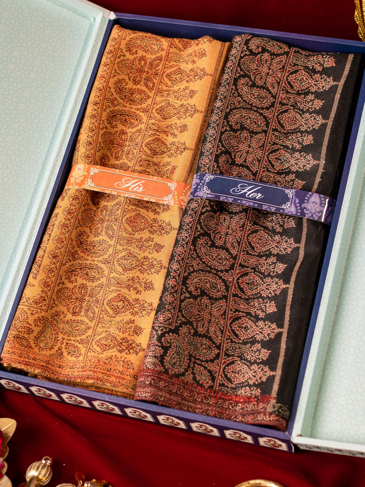 Pashmoda His and Her Gift Set of Kaani Shawls With Wooden Gift Box