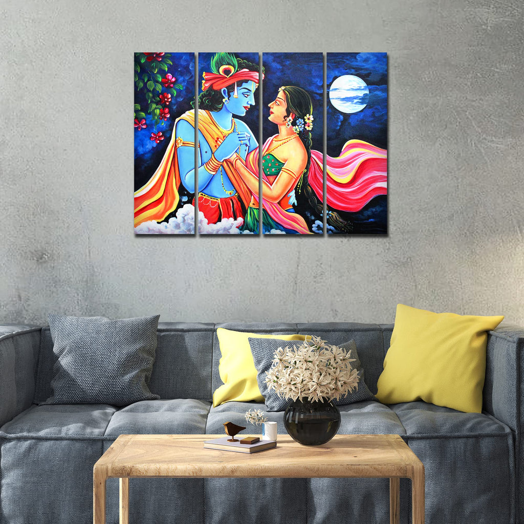 VIBECRAFTS 4 Pieces Shree Radha Krishna Canvas Wall Painting Fitted With Wooden Frame For Home | Office | Living Room | Gift(PTVC4Pcs1_13515)