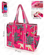 NIKAVIK 1 Tote Bag and 3 Pouches | Jaipuri Quilted fabric Handblock Printed Tote Bag (with zip closure and bottle compartment) with Matching Pouches (Dark Pink)