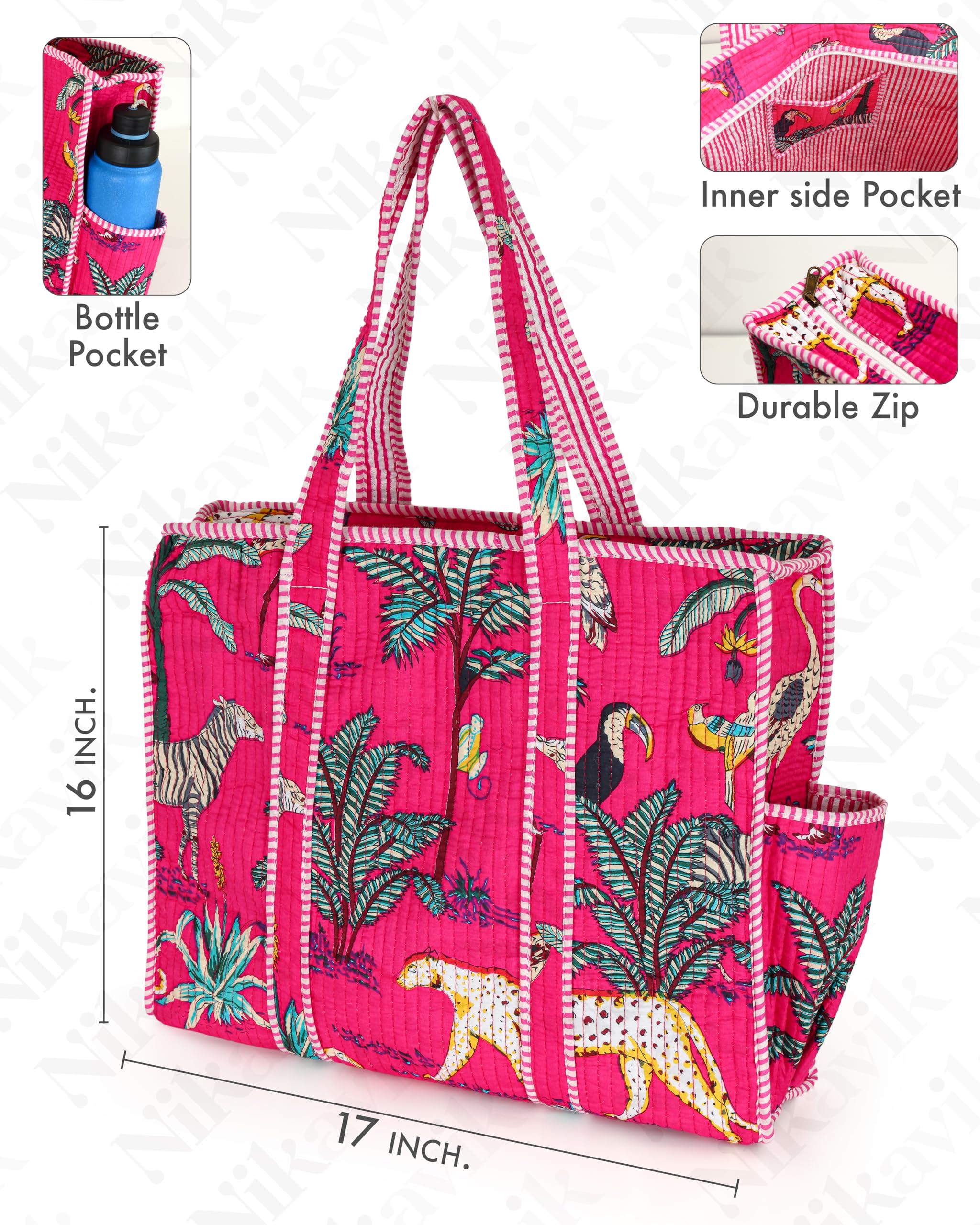 NIKAVIK 1 Tote Bag and 3 Pouches | Jaipuri Quilted fabric Handblock Printed Tote Bag (with zip closure and bottle compartment) with Matching Pouches (Dark Pink)