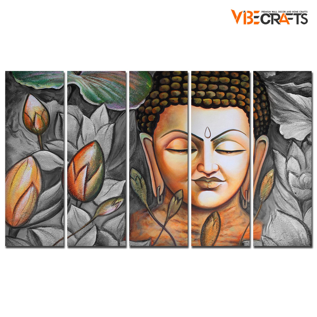 VIBECRAFTS Buddha Meditating 5 Pieces Canvas Wall Painting For Home | Office | Living Room | Gift (PTVC5Pcs4_8553)