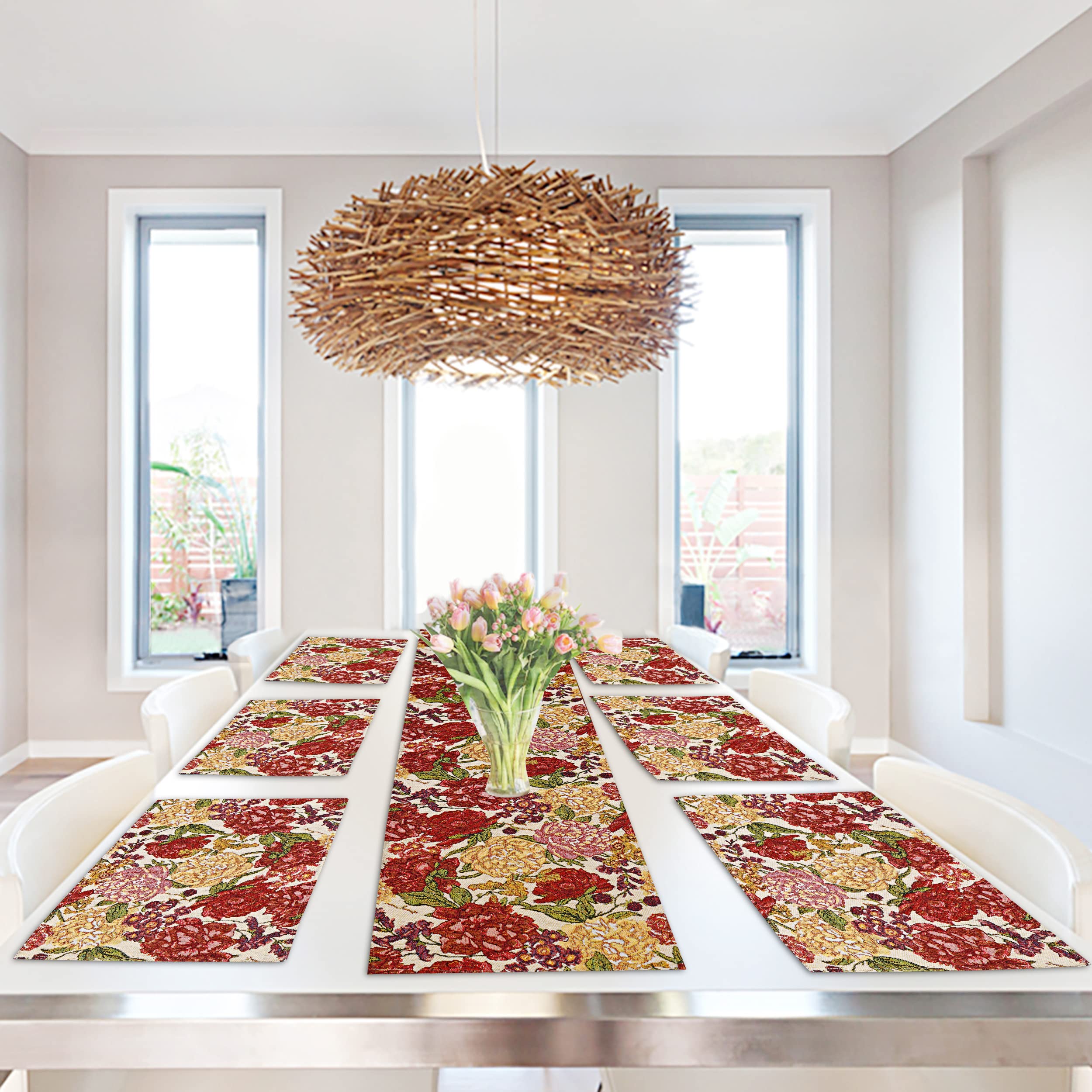 PRAKARTIK BY INDUARTS Rose Bunch Eco-Friendly Cotton Dining Table Mats with Runner – Reusable, Machine Washable, Everyday Use Multicolor Rectangular Placemats, Set of 6+180 cm Runner Kafalo