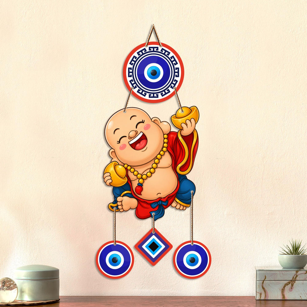 Artvibes Happy Buddha with Gold Ingot Evil Eye Wall Hanging | Wealth Attraction Prosperity Decor | Lucky Nazar Battu Ornament for Home Entrance | Living Room | Office | Gift Item (WH_85144N)