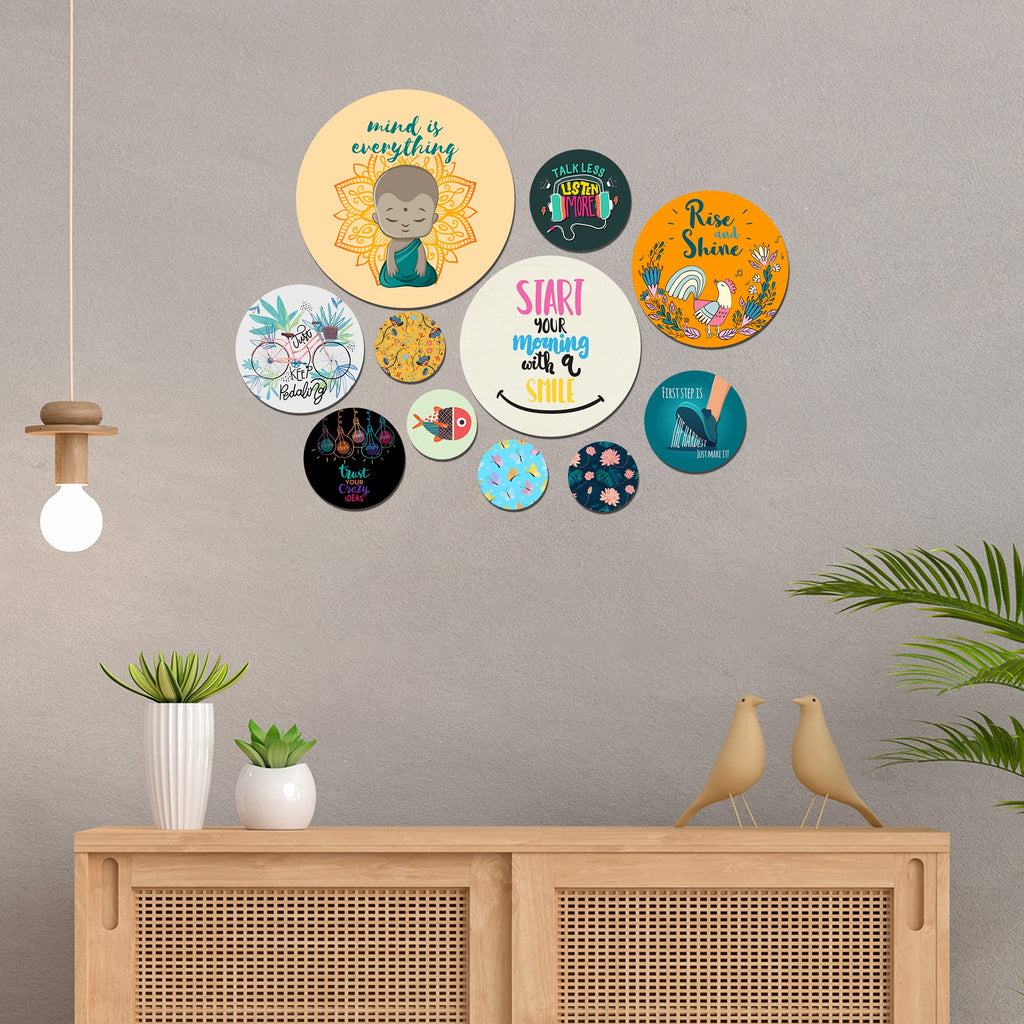 Artvibes Start Your Morning With A Smile Decorative Round Shape MDF Wooden Wall Hanging | Quotes Decor Item | Wall Poster | Office Decor | Mdf Wall Decoration | Gift Items (WPS_113N), Set of 11