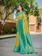 MANOHARI Banarasi Satin Silk Blend Saree for Women | Floral Zari Woven Saree with Mustard Color and Turquoise Blue Border & Tassels with Elegance look_MN2080