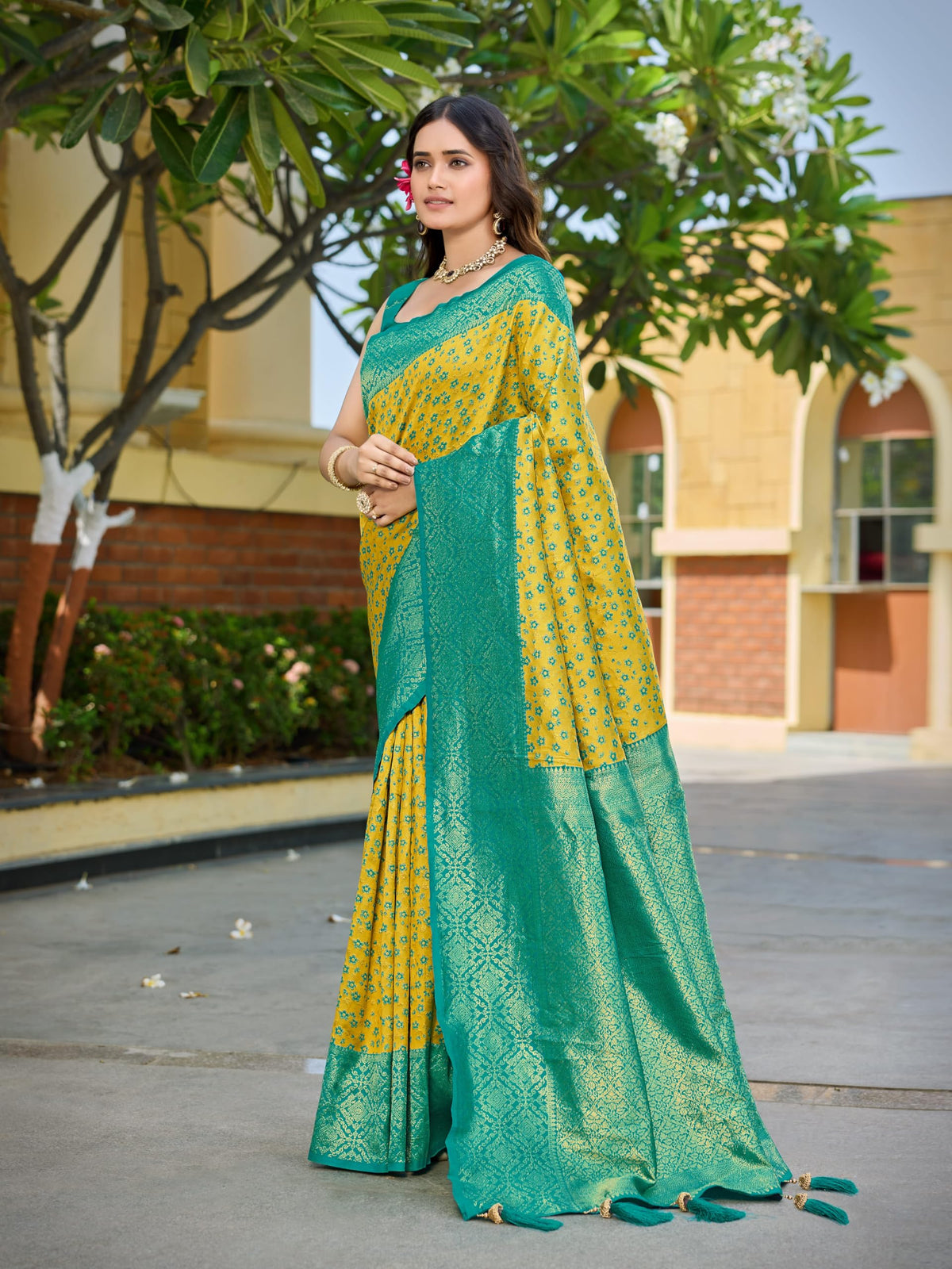 MANOHARI Banarasi Satin Silk Blend Saree for Women | Floral Zari Woven Saree with Mustard Color and Turquoise Blue Border & Tassels with Elegance look_MN2080