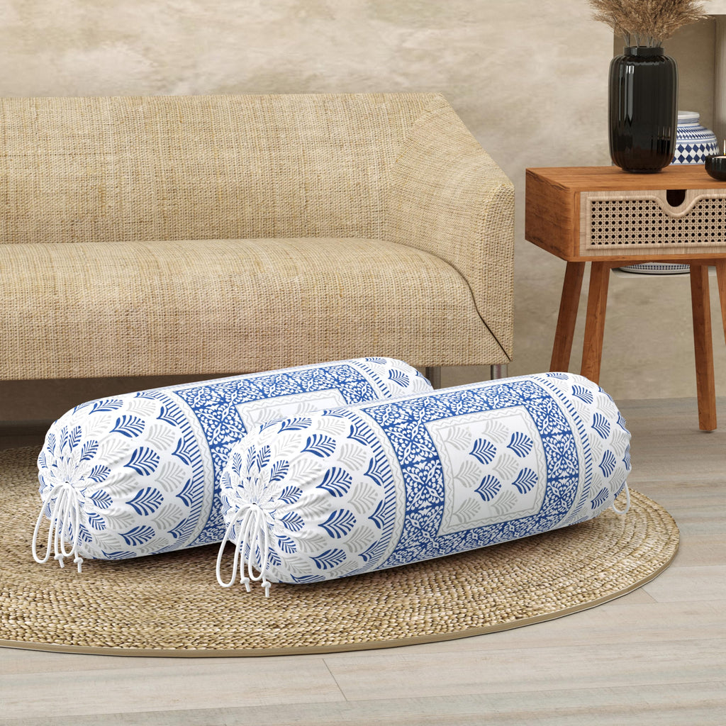 BLOCKS OF INDIA Cotton Hand Block Printed Bolster Cover | Booster Cover with Drawstring | Round Long Pillow Cover for Bed | Dewan Pillow Cover Set 16 X 32 | Set of 2 (Blue Motifs)