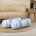 BLOCKS OF INDIA Cotton Hand Block Printed Bolster Cover | Booster Cover with Drawstring | Round Long Pillow Cover for Bed | Dewan Pillow Cover Set 16 X 32 | Set of 2 (Blue Motifs)