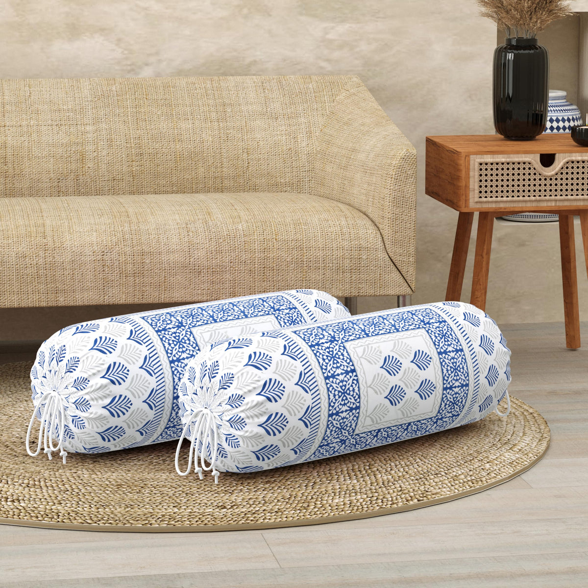 BLOCKS OF INDIA Cotton Hand Block Printed Bolster Cover | Booster Cover with Drawstring | Round Long Pillow Cover for Bed | Dewan Pillow Cover Set 16 X 32 | Set of 2 (Blue Motifs)