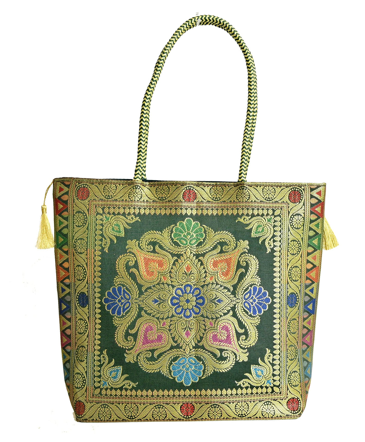 Nirvana Handicraft Silk Hand Bag/Shoulder/Tote Bag For Ladies (Medium, Rangoli, Dark Green (Kai Colour))