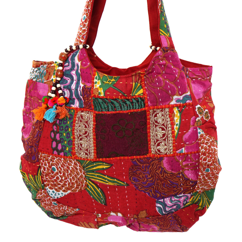 PREET GALLERY Handmade Cotton Patchwork Tote Bag for Women, Multicolour (Rani Pink & Red), Double Handle Shoulder Bag, Pure Cotton