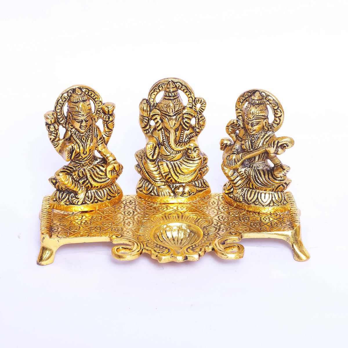 KridayKraft Laxmi Ganesh Saraswati Metal Idol Decorative Platter with Diya (Gold)