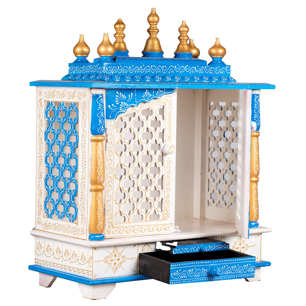 Kamdhenu Art and Craft Wood Home Temple (18 x 12 x 21 inch, White & Blue)