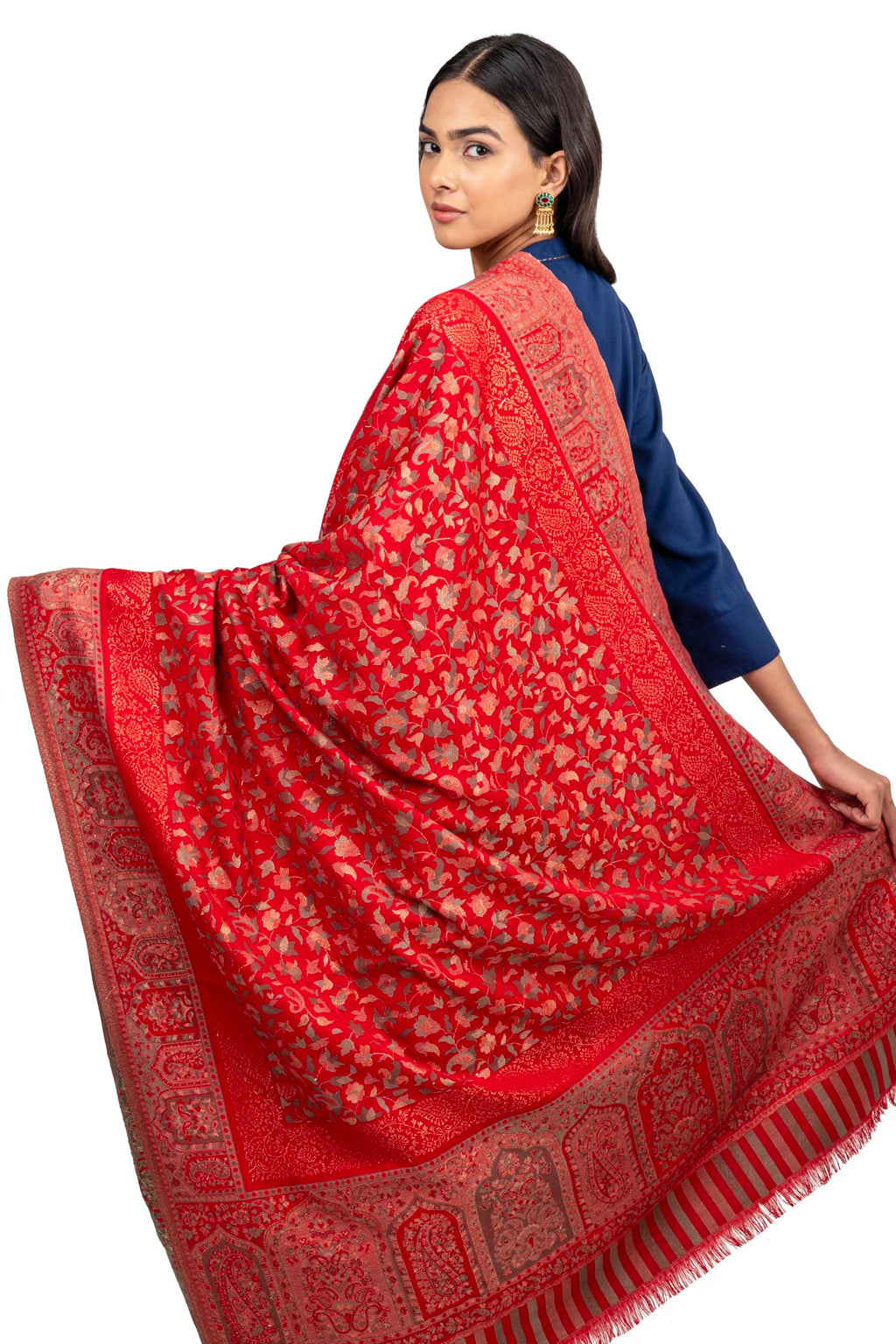 Naureen Women Faux Pashmina Kani Shawl with Mughal Artwork and Zari Accents, Warm and Soft, 40x80 inch