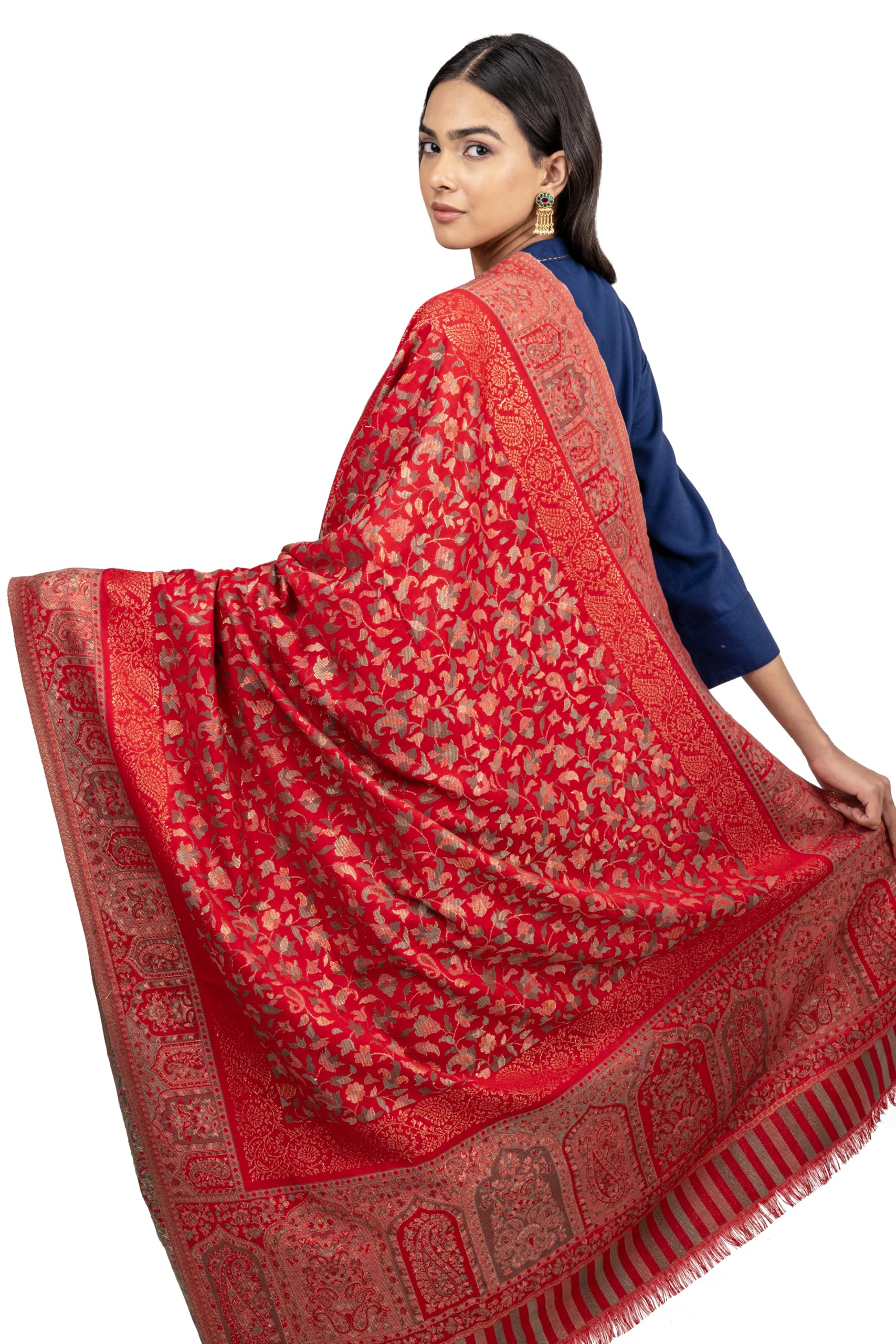 Naureen Women Faux Pashmina Kani Shawl with Mughal Artwork and Zari Accents, Warm and Soft, 40x80 inch