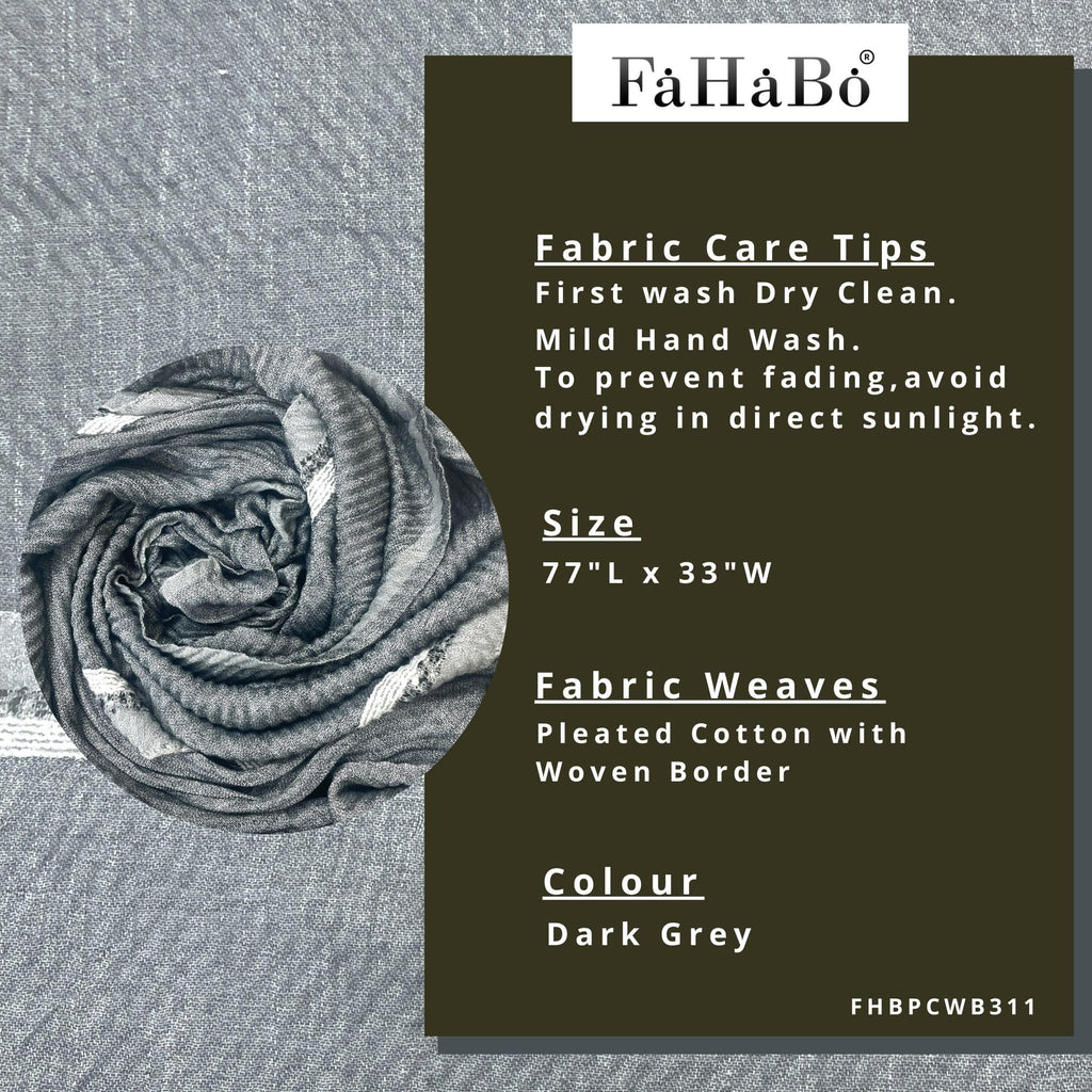 FAHABO Scarf Woman Pleated Cotton with Woven Border Scarves | Hijab Scarf | Headscarf | Neck Scarf | Stoles | Wraps (Dark Grey)