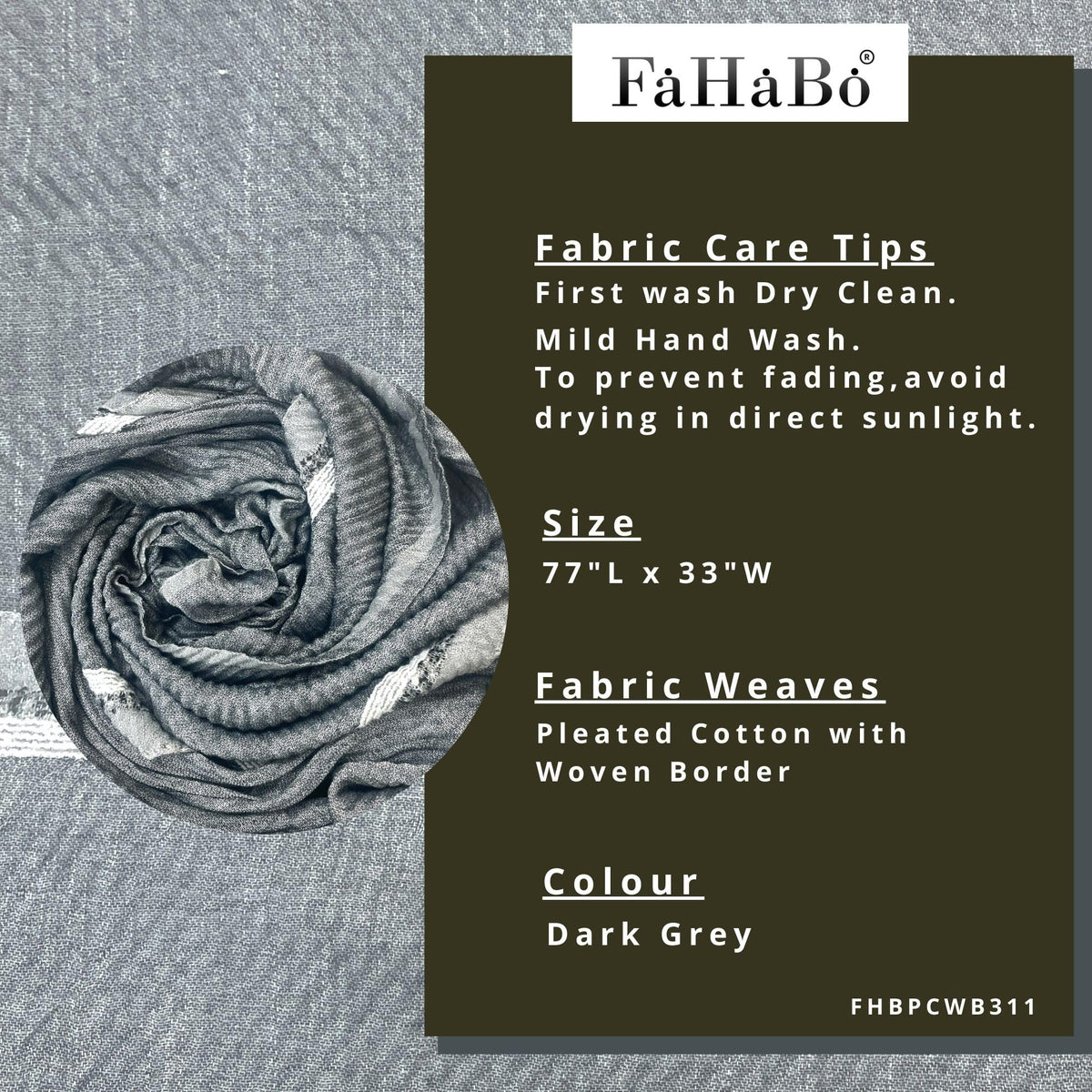 FAHABO Scarf Woman Pleated Cotton with Woven Border Scarves | Hijab Scarf | Headscarf | Neck Scarf | Stoles | Wraps (Dark Grey)
