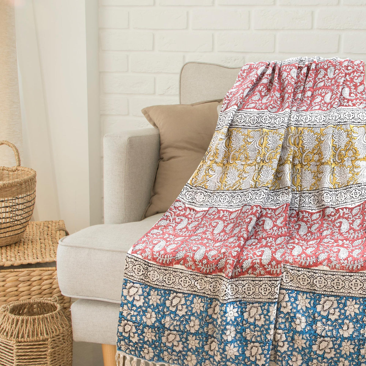 TOAI Pure Cotton Throw Blanket for Sofa Bed, Chair and Gifts | Soft Breathable Tassels All Seasons 52x72 | Blue Green Yellow (Pack of 1) Kafalo