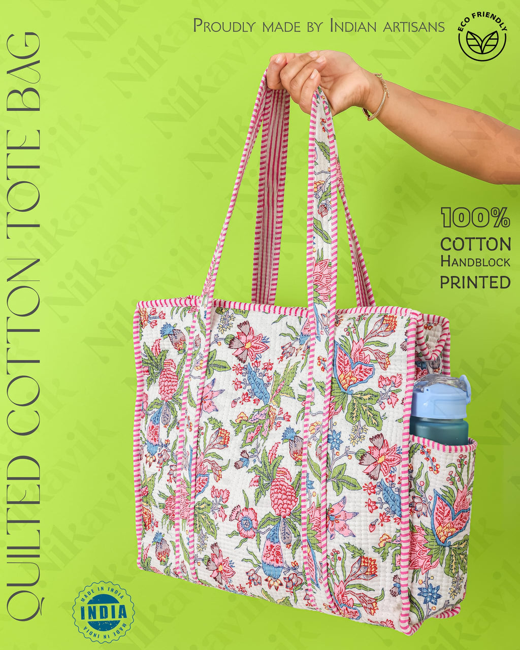 NIKAVIK Quilted Cotton Tote bag – Exotic Animal Print Foldable and Ideal for Travel Shopping Beach Trips or Daily Essentials (White Pink)