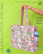 NIKAVIK Quilted Cotton Tote bag – Exotic Animal Print Foldable and Ideal for Travel Shopping Beach Trips or Daily Essentials (White Pink)