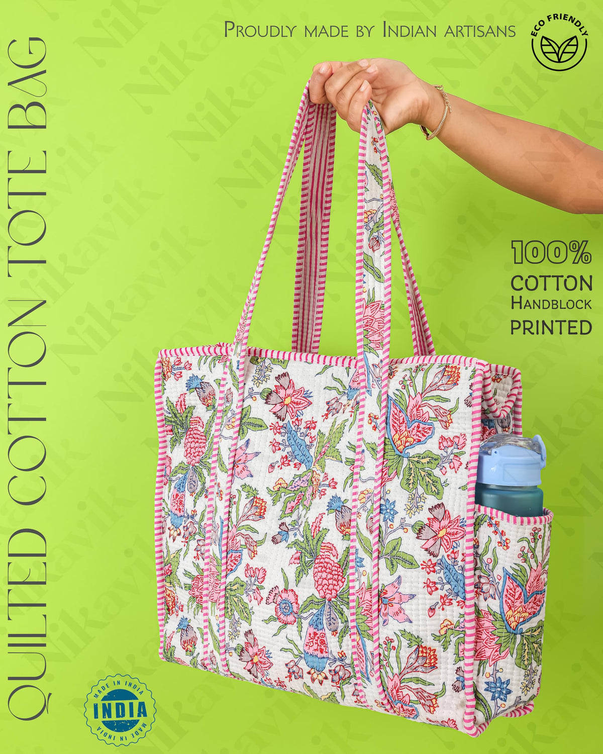 NIKAVIK Quilted Cotton Tote bag – Exotic Animal Print Foldable and Ideal for Travel Shopping Beach Trips or Daily Essentials (White Pink)