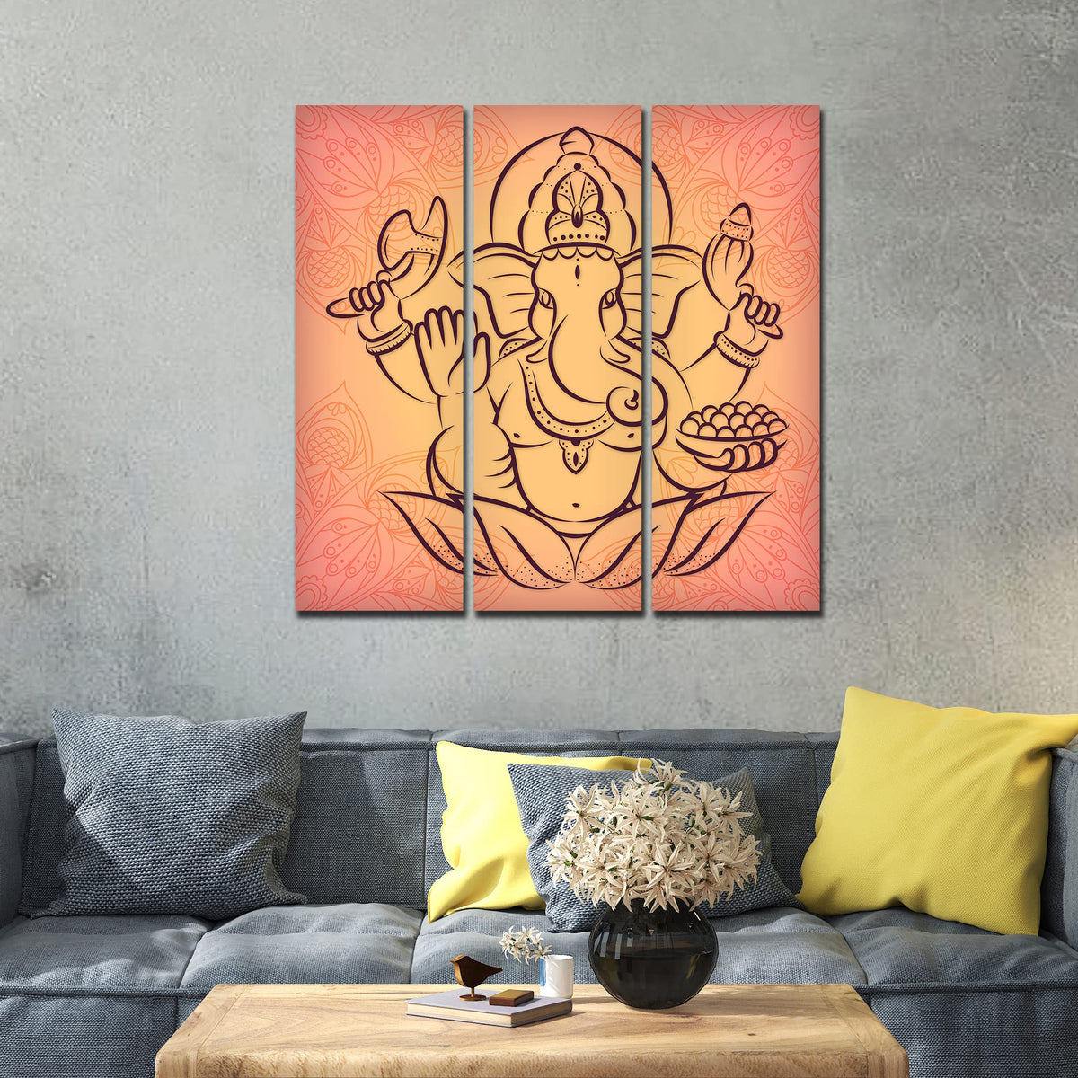 VIBECRAFTS 3 Pieces Beautiful Ganesha Canvas Wall Painting Fitted With Wooden Frame For Home | Office | Living Room | Gifts (PTVC3Pcs1_9555)