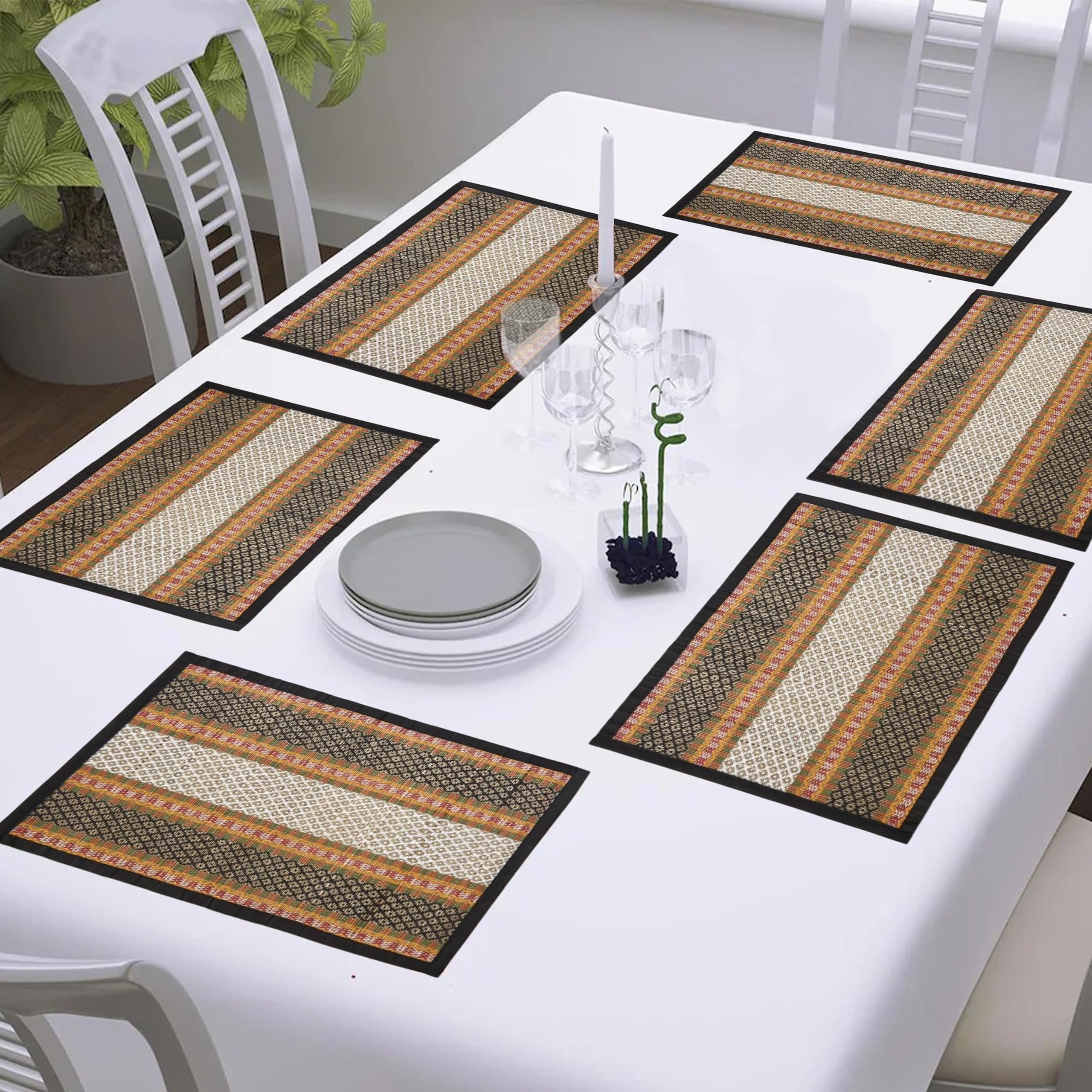 KalaTree Table Mats Set of 6 Handmade Reversible Heat Resistant | River Grass Dining Placemats Zero Plastic | Natural Madurkathi Eco Friendly | Rustic Boho Dcor | Royal Black Six Mats Kafalo