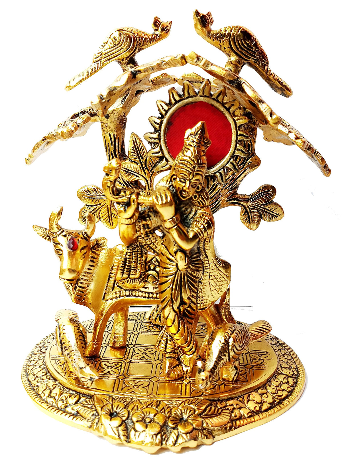 Tree Cow Krishna God Idols Gold Oxidized Finish for Home Decor for Diwali, Corporate Gift Return Gifts
