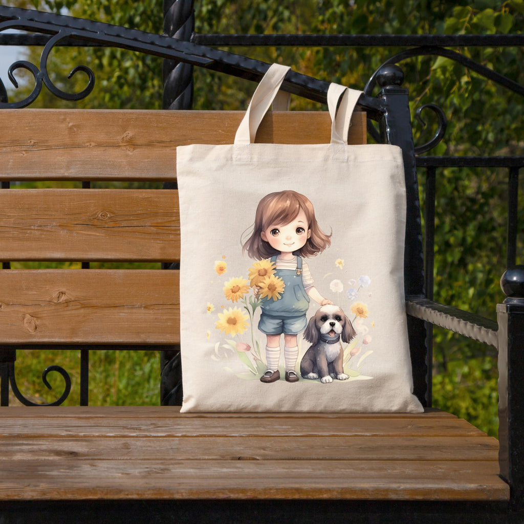 Metsi Canvas Tote Bag - Zipper Pocket With Girl and Puppy Print for Women 13x15 Inch, Eco-Friendly Multi-Purpose Cotton Tote Bag for Shopping, School, Beach, Groceries DIY Painting Gift Use - Design 3