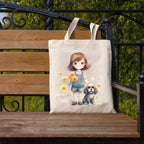Metsi Canvas Tote Bag - Zipper Pocket With Girl and Puppy Print for Women 13x15 Inch, Eco-Friendly Multi-Purpose Cotton Tote Bag for Shopping, School, Beach, Groceries DIY Painting Gift Use - Design 3