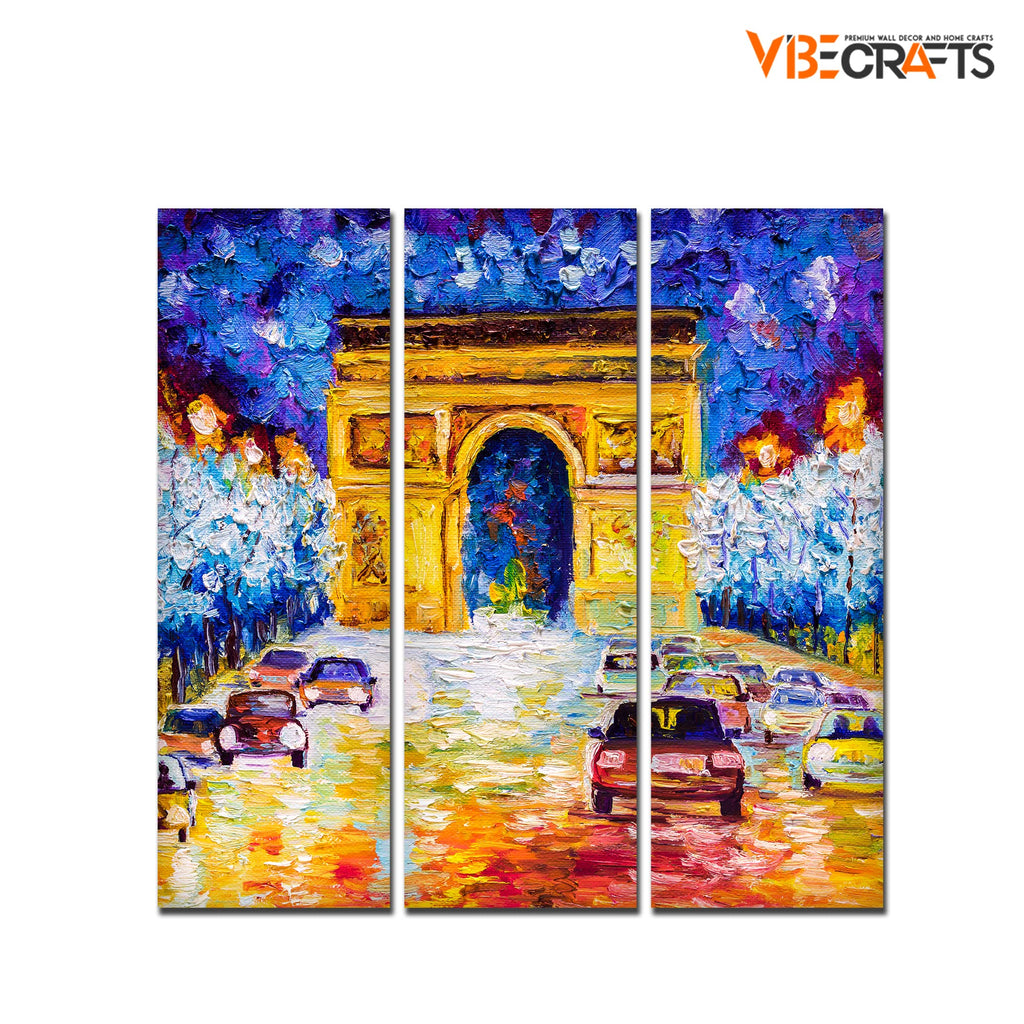 VIBECRAFTS Famous Arc De Trimphe 3 Pieces Canvas Wall Painting Fitted With Wooden Frame For Home | Office | Living Room | Gifts (PTVC3Pcs1_9523)