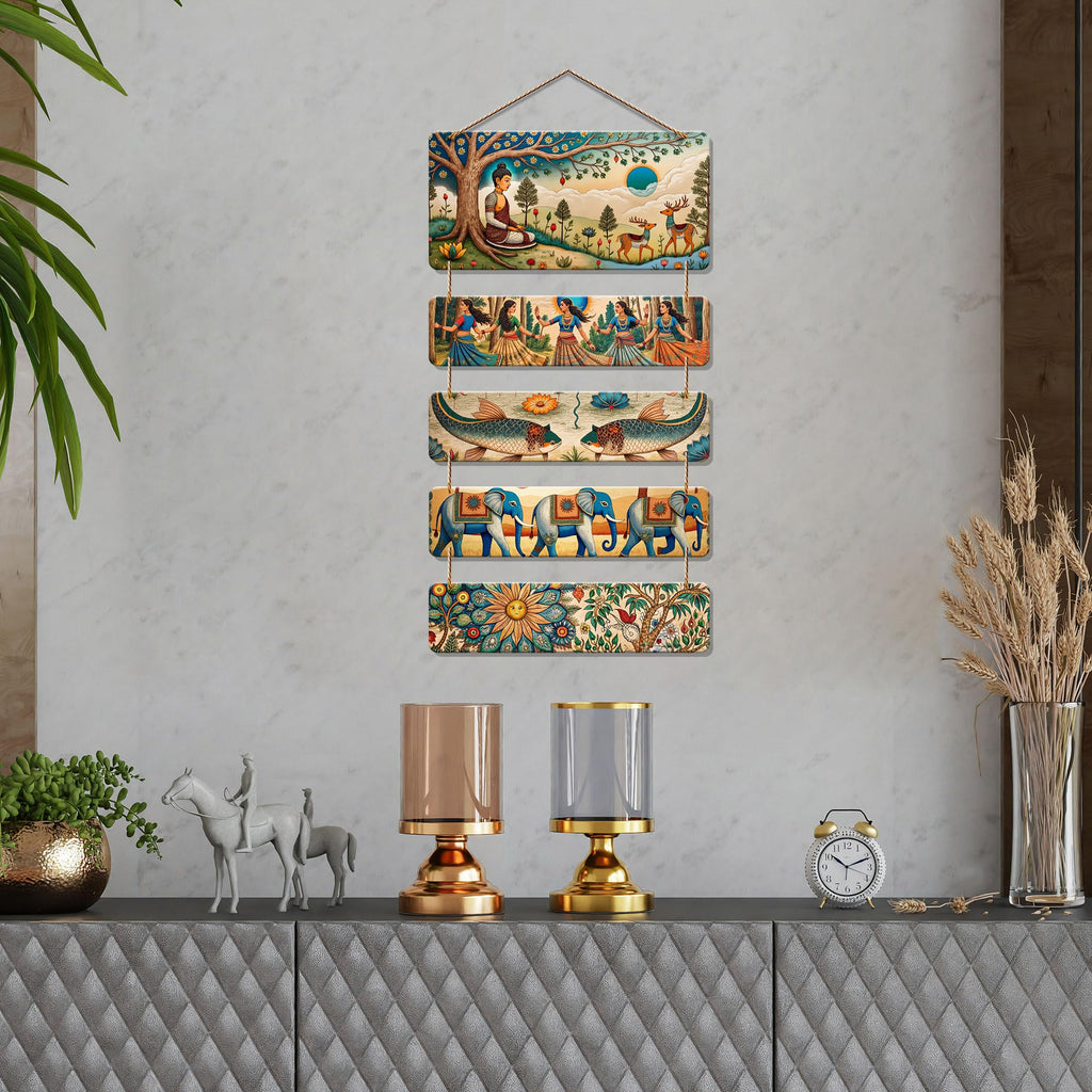 Artvibes Buddha, Elephant & Tribal Dance Wooden Wall Haning for Living Room | Spiritual Decor Items | Wall Art Painting For Hall | Wall Paintings | Handcrafted Art | Wall Poster | Gift Item (WH_6726N)