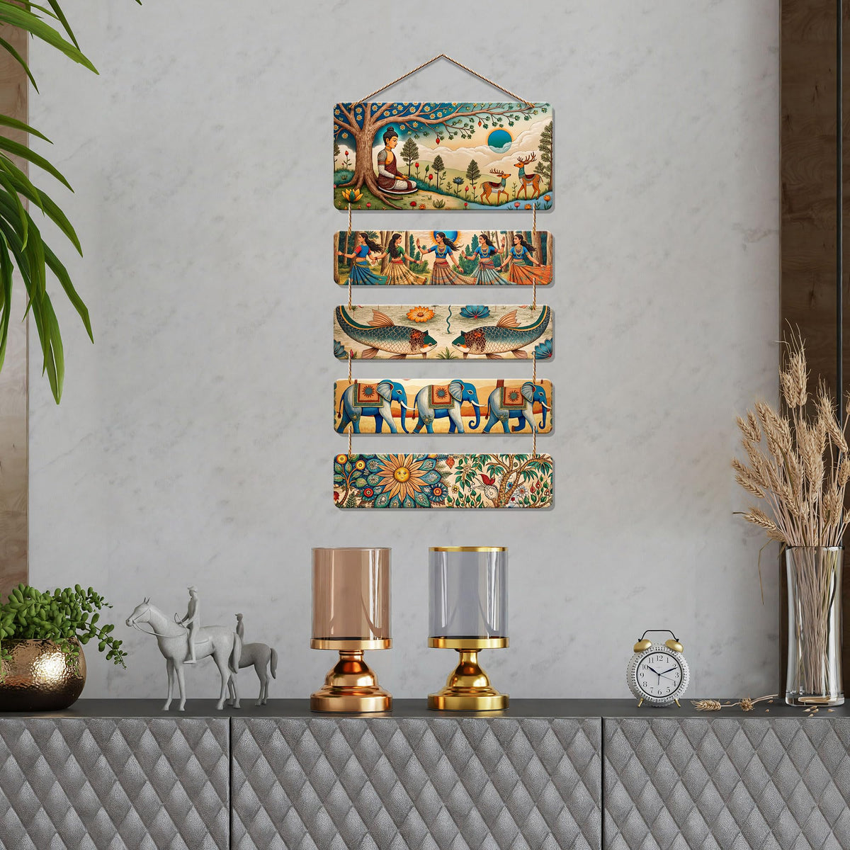 Artvibes Buddha, Elephant & Tribal Dance Wooden Wall Haning for Living Room | Spiritual Decor Items | Wall Art Painting For Hall | Wall Paintings | Handcrafted Art | Wall Poster | Gift Item (WH_6726N)