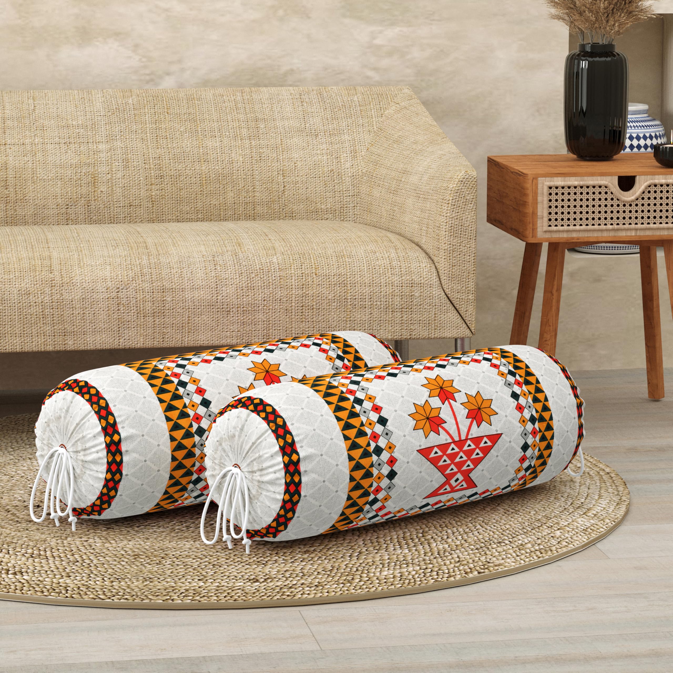 BLOCKS OF INDIA Cotton Hand Block Printed Bolster Cover | Booster Cover with Drawstring | Round Long Pillow Cover for Bed | Dewan Pillow Cover Set 16 X 32 | Set of 2 (Peach Star)