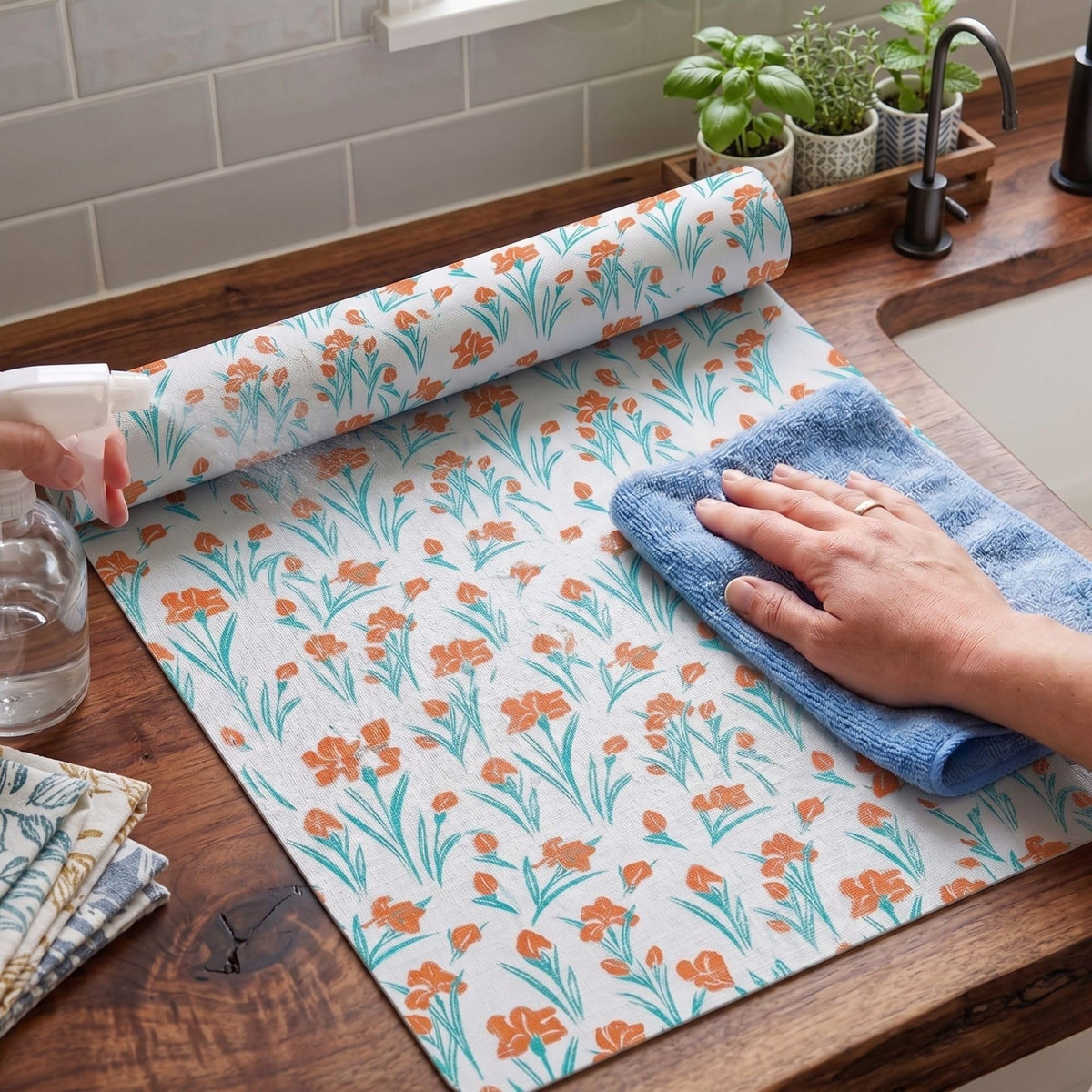 MUSHIES Premium Shelf Liner (Teal Tulip Floral, 5 Metre Placemat Roll) | Multipurpose Kitchen Mat, Drawer, Cabinet Liner, Dining Table Mat, Refrigerator, Fridge Mat, Wardrobe & Organizer Shelf Liner Kafalo
