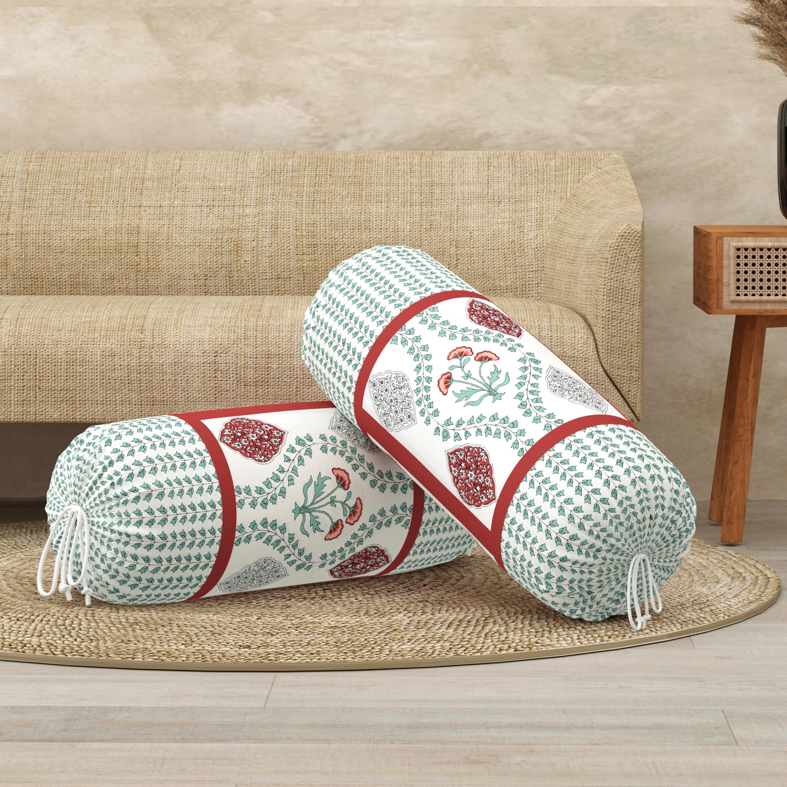 BLOCKS OF INDIA Cotton Hand Block Printed Bolster Cover | Booster Cover with Drawstring | Round Long Pillow Cover for Bed | Dewan Pillow Cover Set 16 X 32 | Set of 2 (Brick RED Motifs)