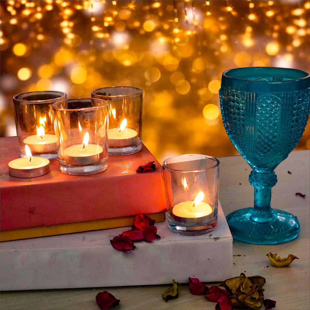 Pure Source India Set of 6 Glass Votive Tealight Candle Holders - Living Room Side Table Home Decoration (Glass, Pack of 6, Clear)