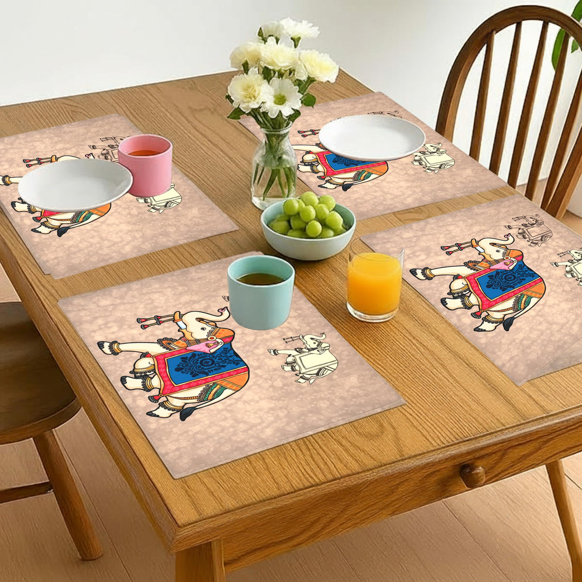 PRAKARTIK BY INDUARTS Dining Table Mats Set of 4 - Elephant Ethnic Theme,Digital Print, Washable, Indoor/Outdoor, Heat-Proof, Water Resistant, Wipe & Clean (47X33 cm) Cream Kafalo