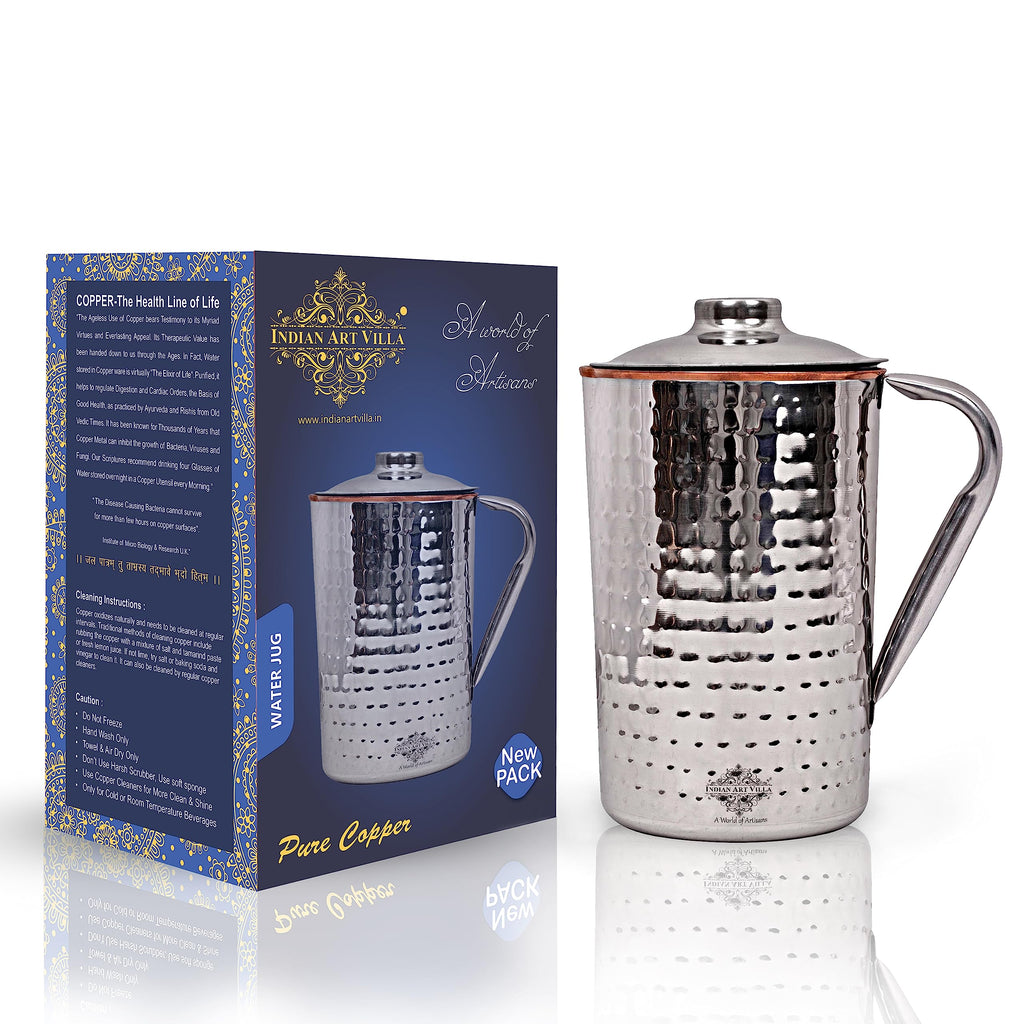 Indian Art Villa Steel Copper Hammered Design Jug Pitcher with Lid, Storage & Serving Water, Beneficial for Health, Volume-1500 ML